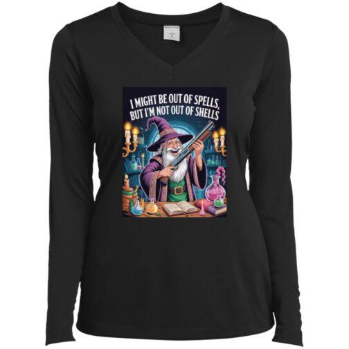 Black "Out of Spells" wizard shirt featuring a wizard holding a shotgun in a magical workshop. The D&D gamer performance v-neck tee showcases a humorous twist on fantasy.