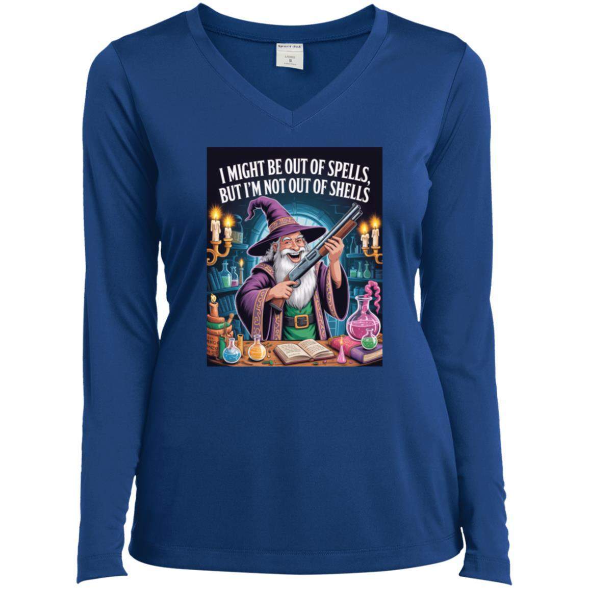A woman models a royal blue long-sleeved V-neck tee featuring a wizard holding a shotgun amidst potions and spellbooks. The shirt reads: "I might be out of spells, but I'm not out of shells." A fun D&D gamer shirt!
