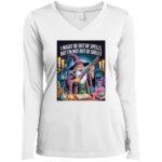 White long-sleeve v-neck: wizard with shotgun & saying "I might be out of spells, but I'm not out of shells." Funny D&D shirt for gamer girls.