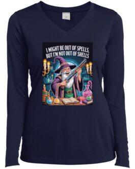 A navy blue women's "Out of Spells" D&D gamer V-neck tee shirt featuring a wizard holding a shotgun, surrounded by spell books and potions. The shirt reads: "I might be out of spells, but I'm not out of shells.
