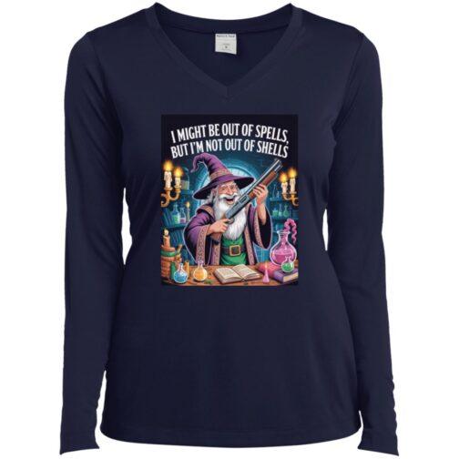A navy blue women's "Out of Spells" D&D gamer V-neck tee shirt featuring a wizard holding a shotgun, surrounded by spell books and potions. The shirt reads: "I might be out of spells, but I'm not out of shells.