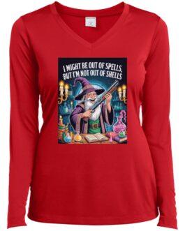 A red women's v-neck tee featuring a wizard holding a shotgun, surrounded by potions and spellbooks. The text reads: "I might be out of spells, but I'm not out of shells." A funny "Out of Spells" wizard shirt for D&D gamers.