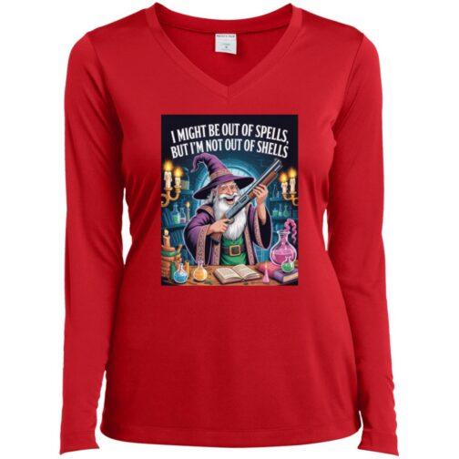 A red women's v-neck tee featuring a wizard holding a shotgun, surrounded by potions and spellbooks. The text reads: "I might be out of spells, but I'm not out of shells." A funny "Out of Spells" wizard shirt for D&D gamers.