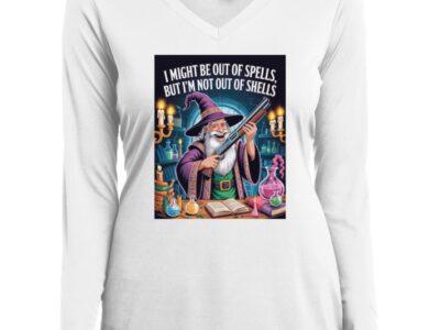 White long-sleeve v-neck: wizard with shotgun & saying "I might be out of spells, but I'm not out of shells." Funny D&D shirt for gamer girls.