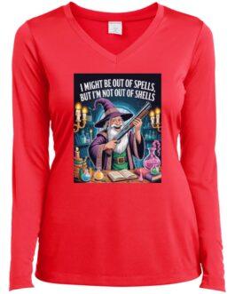 A red V-neck "Out of Spells" wizard shirt. The shirt features a wizard with a shotgun, surrounded by potions and spellbooks, with the text "I might be out of spells, but I'm not out of shells.