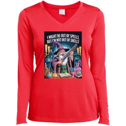 A red V-neck "Out of Spells" wizard shirt. The shirt features a wizard with a shotgun, surrounded by potions and spellbooks, with the text "I might be out of spells, but I'm not out of shells.