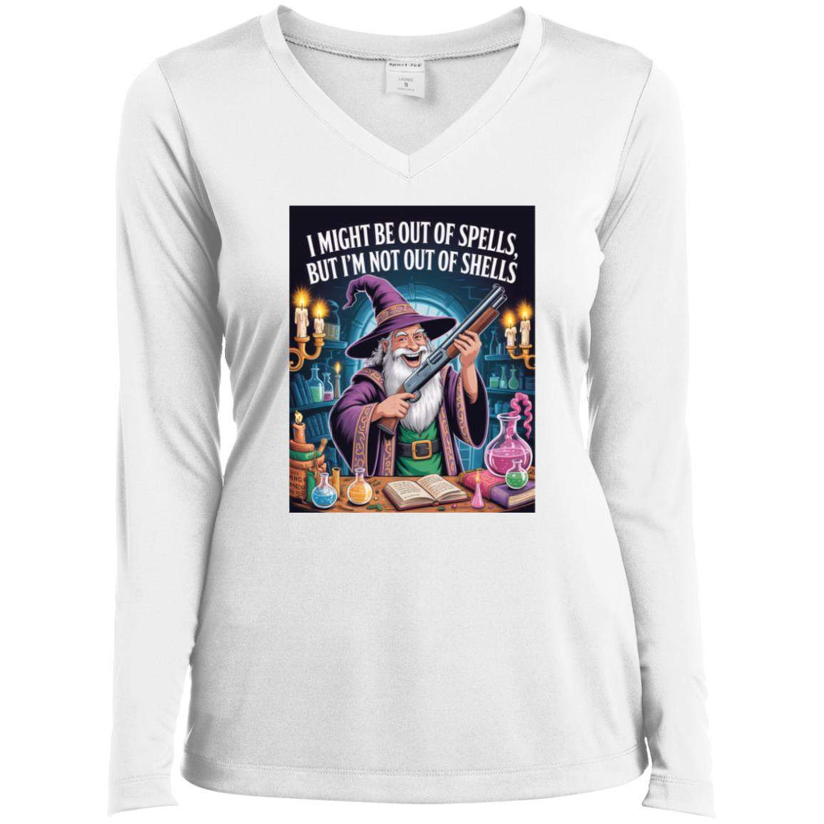 White long-sleeve v-neck: wizard with shotgun & saying "I might be out of spells, but I'm not out of shells." Funny D&D shirt for gamer girls.