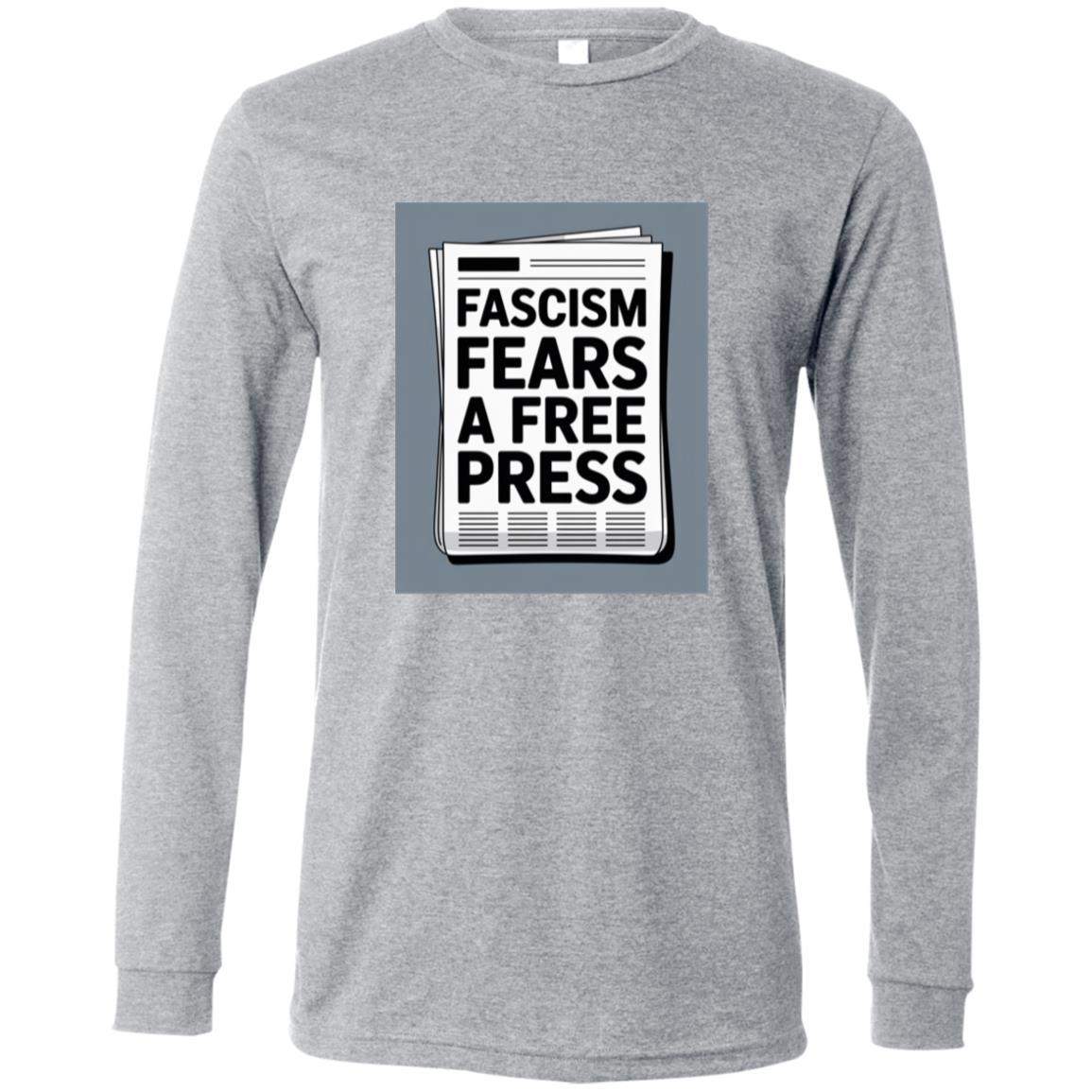 Heather gray long-sleeve tee featuring a newspaper graphic with the text "Fascism Fears A Free Press," promoting activist apparel.