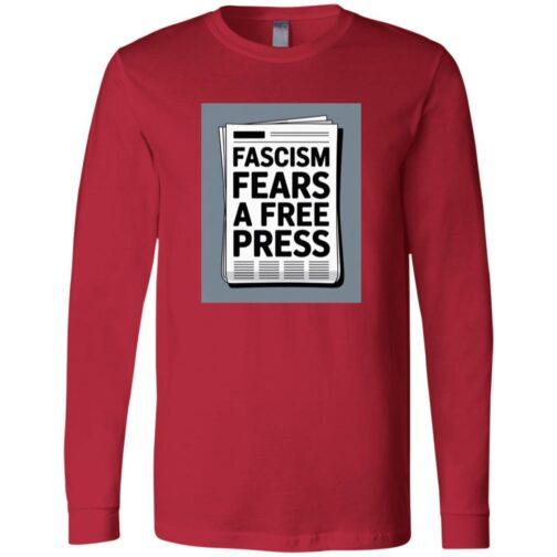 Red long-sleeve tee featuring a newspaper graphic that says "Fascism Fears A Free Press." Activist Apparel for men, size small.