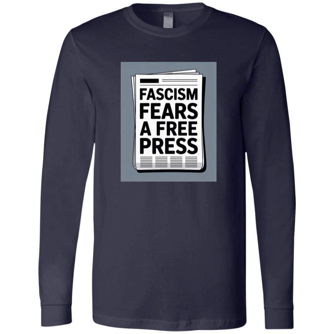 Navy long sleeve shirt featuring a newspaper graphic that reads "Fascism Fears a Free Press," a political statement tee supporting journalism and the First Amendment