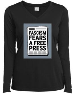 A black women's V-neck long sleeve tee featuring a newspaper graphic with the text "Fascism Fears A Free Press," reflecting the blog's activist apparel theme.