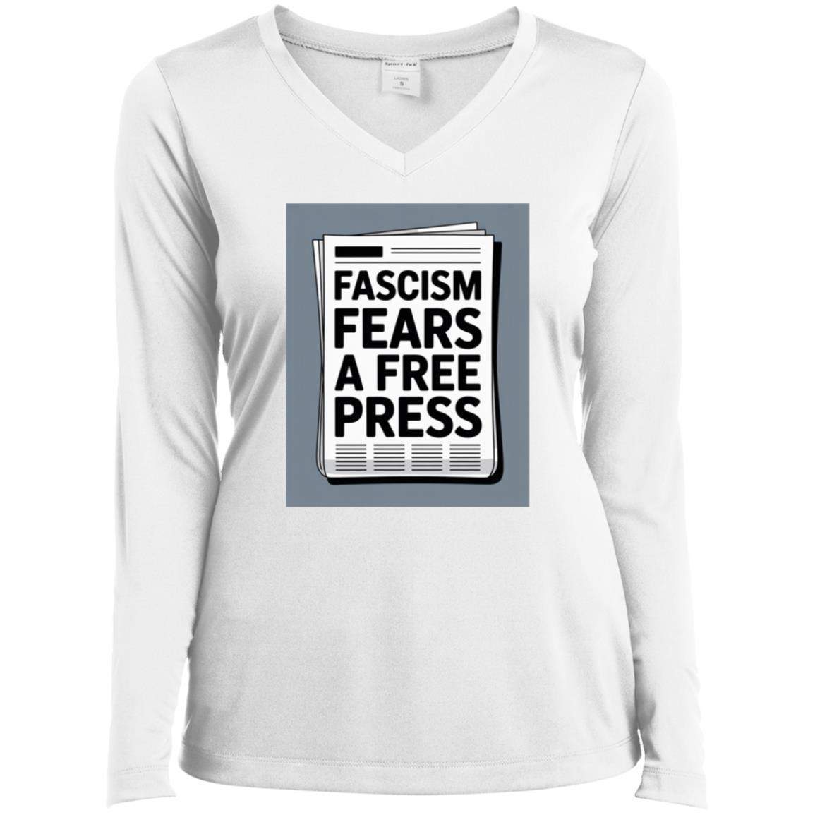 White women's v-neck long sleeve performance tee featuring a newspaper graphic that reads "Fascism Fears A Free Press." Activist apparel promoting First Amendment rights.