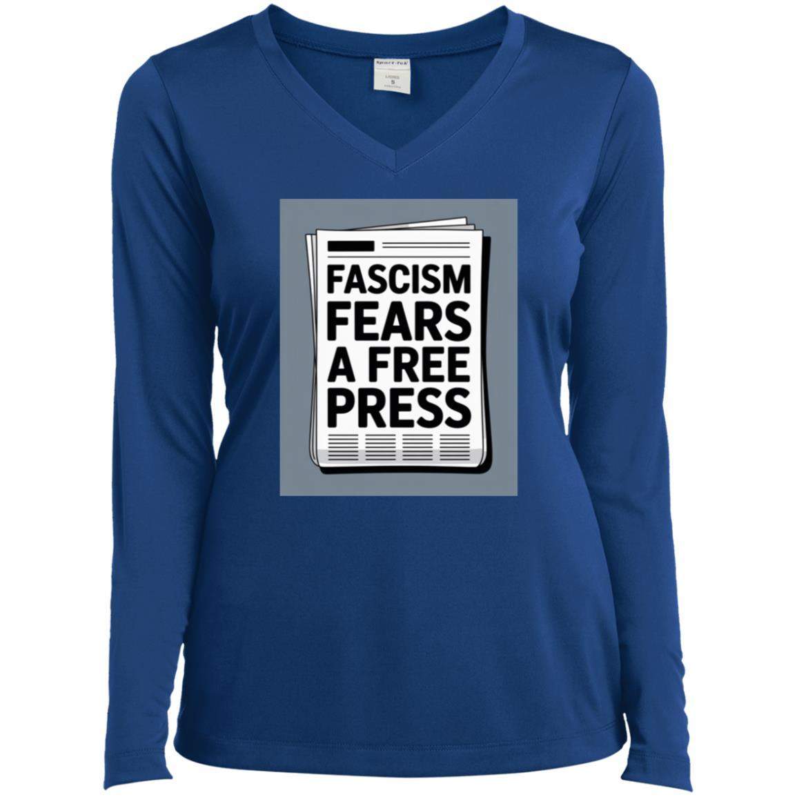 Royal blue "Fascism Fears A Free Press" long sleeve V-neck tee shirt. The shirt features a newspaper graphic with bold text. Activist apparel promoting freedom of the press.