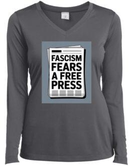 Iron grey women's long sleeve v-neck tee with a newspaper graphic that reads "Fascism Fears A Free Press." Activist apparel.