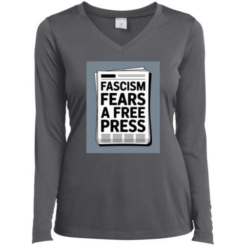 Iron grey women's long sleeve v-neck tee with a newspaper graphic that reads "Fascism Fears A Free Press." Activist apparel.
