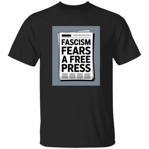 Black "Fascism Fears A Free Press" graphic tee. The design features a newspaper with the bold text "Fascism Fears A Free Press." Activist apparel for men.