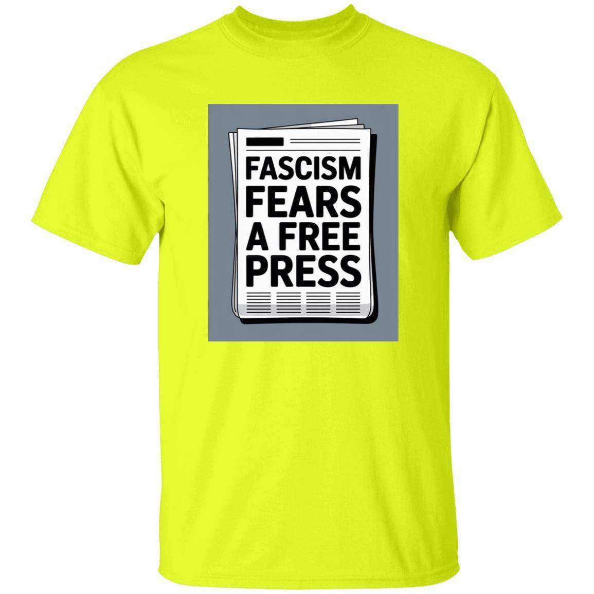 Neon yellow "Fascism Fears A Free Press" men's graphic tee. Heavy cotton political shirt with newspaper print, ideal activist apparel for rallies & protests.
