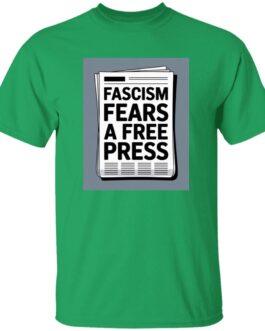 Irish green t-shirt with a graphic of a newspaper that reads "Fascism Fears A Free Press". Activist apparel promoting the importance of free press.
