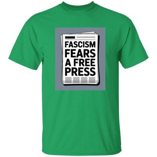 Irish green t-shirt with a graphic of a newspaper that reads "Fascism Fears A Free Press". Activist apparel promoting the importance of free press.