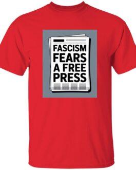 Red t-shirt with a graphic print of a newspaper headline that reads "Fascism Fears A Free Press". A powerful statement for activist apparel.