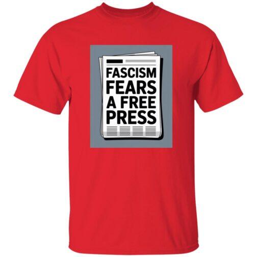 Red t-shirt with a graphic print of a newspaper headline that reads "Fascism Fears A Free Press". A powerful statement for activist apparel.