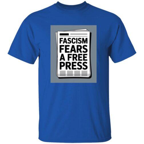 Royal blue "Fascism Fears A Free Press" graphic tee. The design features a newspaper with the powerful message, promoting activist apparel and freedom of the press.