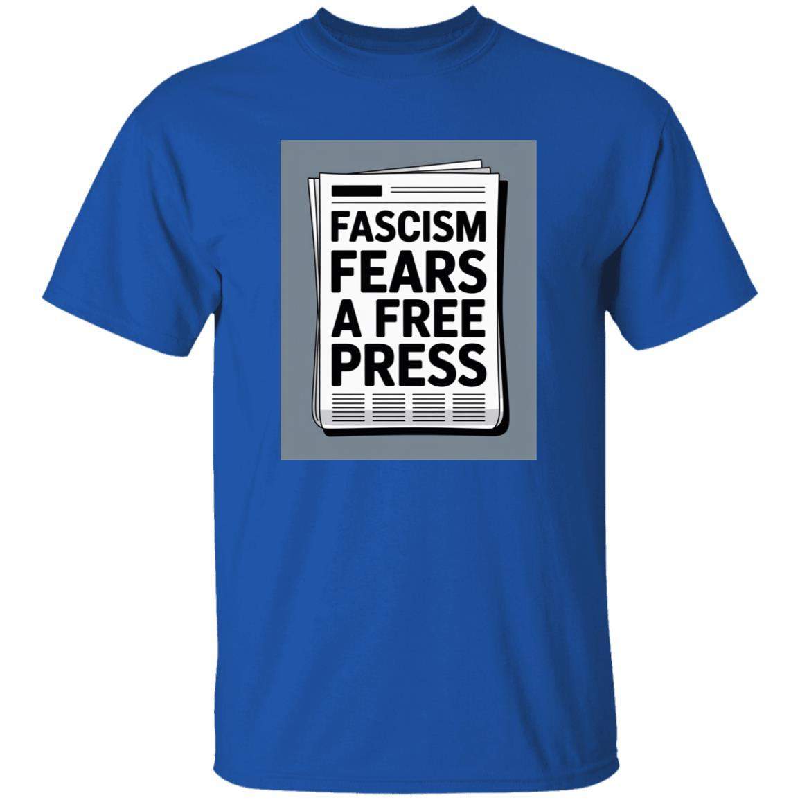 Royal blue "Fascism Fears A Free Press" graphic tee. The design features a newspaper with the powerful message, promoting activist apparel and freedom of the press.