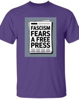 Purple "Fascism Fears A Free Press" graphic tee. The design features a newspaper with the bold text "Fascism Fears A Free Press". Activist apparel for standing up for a free press.