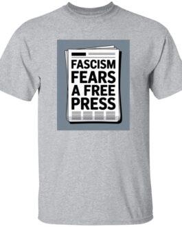Sport Grey t-shirt featuring a graphic of a newspaper with the headline "Fascism Fears A Free Press." Activist apparel promoting freedom of the press.