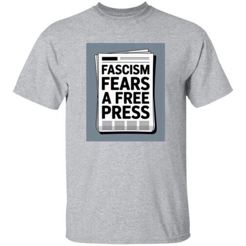 Sport Grey t-shirt featuring a graphic of a newspaper with the headline "Fascism Fears A Free Press." Activist apparel promoting freedom of the press.
