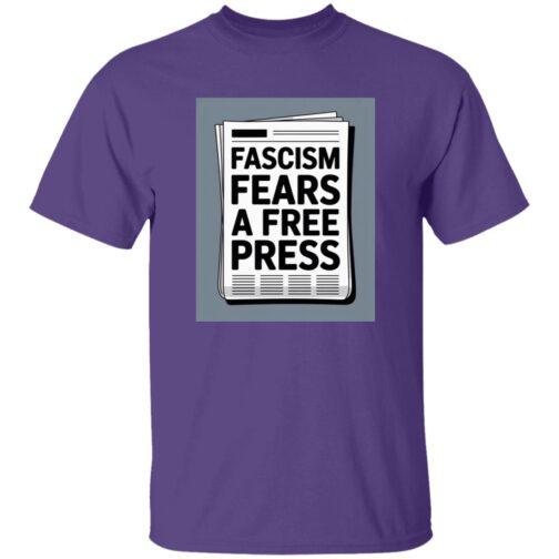 Purple "Fascism Fears A Free Press" graphic tee. The design features a newspaper with the bold text "Fascism Fears A Free Press". Activist apparel for standing up for a free press.