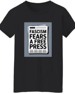 Black women's classic fit cotton tee featuring a newspaper graphic with the text "Fascism Fears a Free Press." An activist t-shirt promoting freedom of the press.
