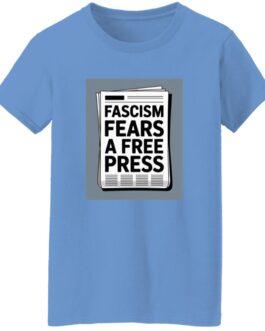 Carolina blue women's classic fit cotton tee with a print of a newspaper headline that reads "Fascism Fears A Free Press." Activist t-shirt design.