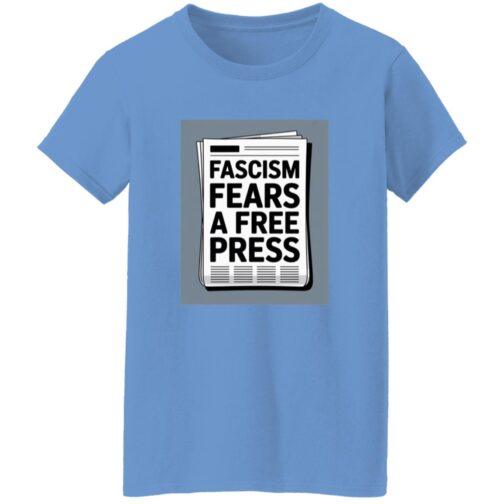 Carolina blue women's classic fit cotton tee with a print of a newspaper headline that reads "Fascism Fears A Free Press." Activist t-shirt design.
