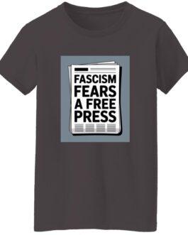Charcoal gray women's classic fit cotton tee featuring a newspaper graphic with the text "Fascism Fears A Free Press," highlighting the shirt's activist message.