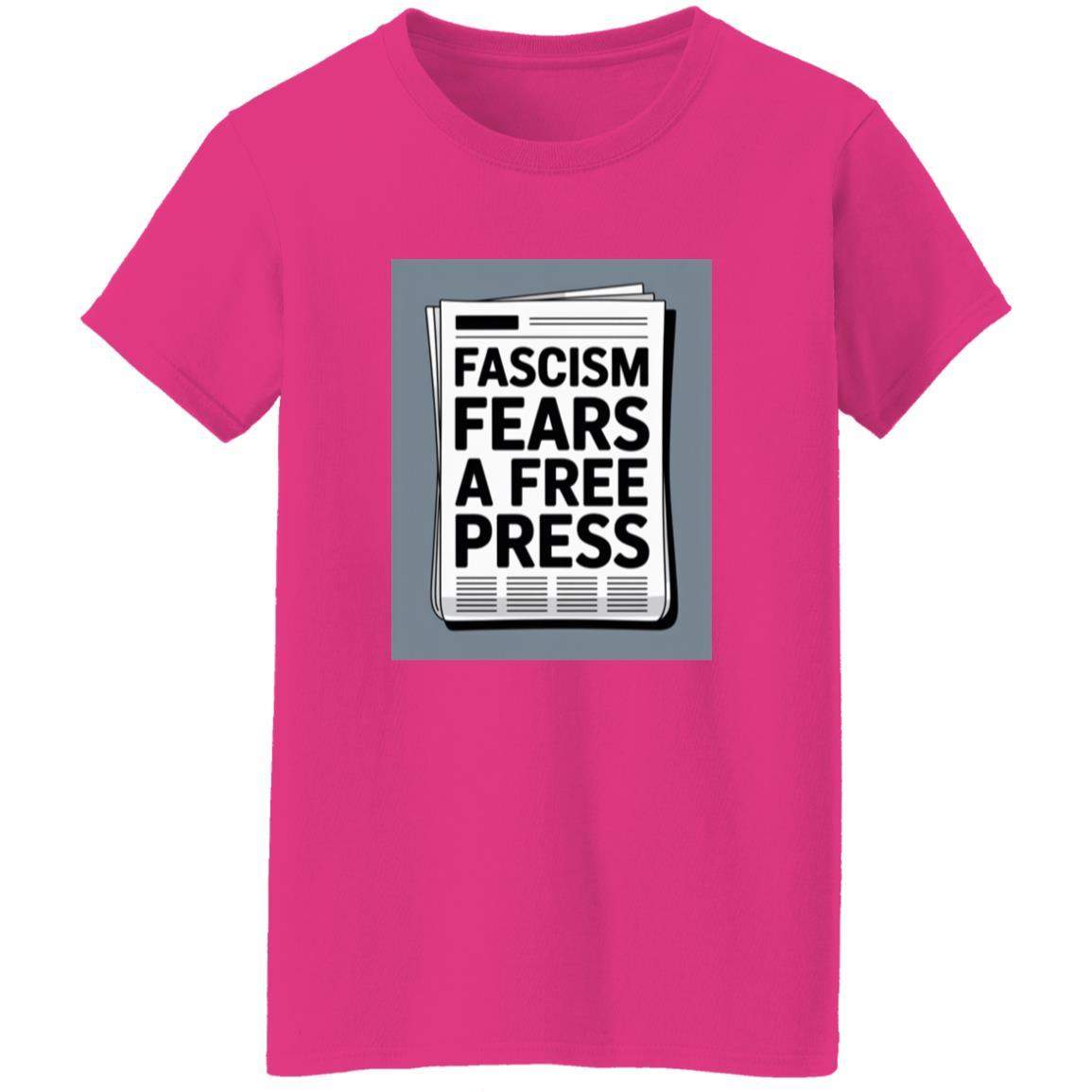 Heliconia pink t-shirt with a newspaper graphic that reads "Fascism Fears a Free Press." A powerful statement on freedom of the press. Activist T-shirt.