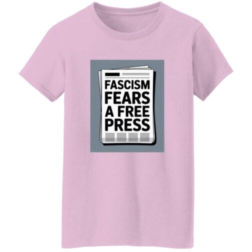 Light pink "Fascism Fears A Free Press" activist T-shirt. The design features a newspaper graphic with bold text highlighting the importance of a free press in resisting fascism. A classic fit women's tee in size S.