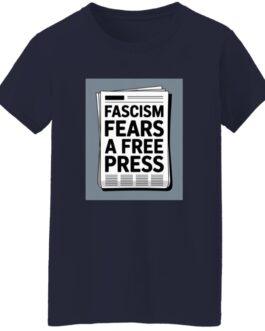 Navy women's t-shirt with a graphic of a newspaper headline that reads, "Fascism Fears a Free Press.
