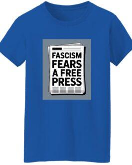 Royal blue women's t-shirt featuring a black and white newspaper graphic that reads "Fascism Fears a Free Press." Activist tee promoting freedom of the press.