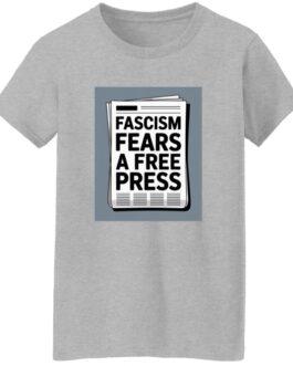 A Sport Grey women's classic fit cotton tee with a graphic of a newspaper headline that reads "Fascism Fears A Free Press," reflecting the activist t-shirt's theme.