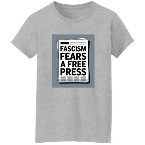 A Sport Grey women's classic fit cotton tee with a graphic of a newspaper headline that reads "Fascism Fears A Free Press," reflecting the activist t-shirt's theme.