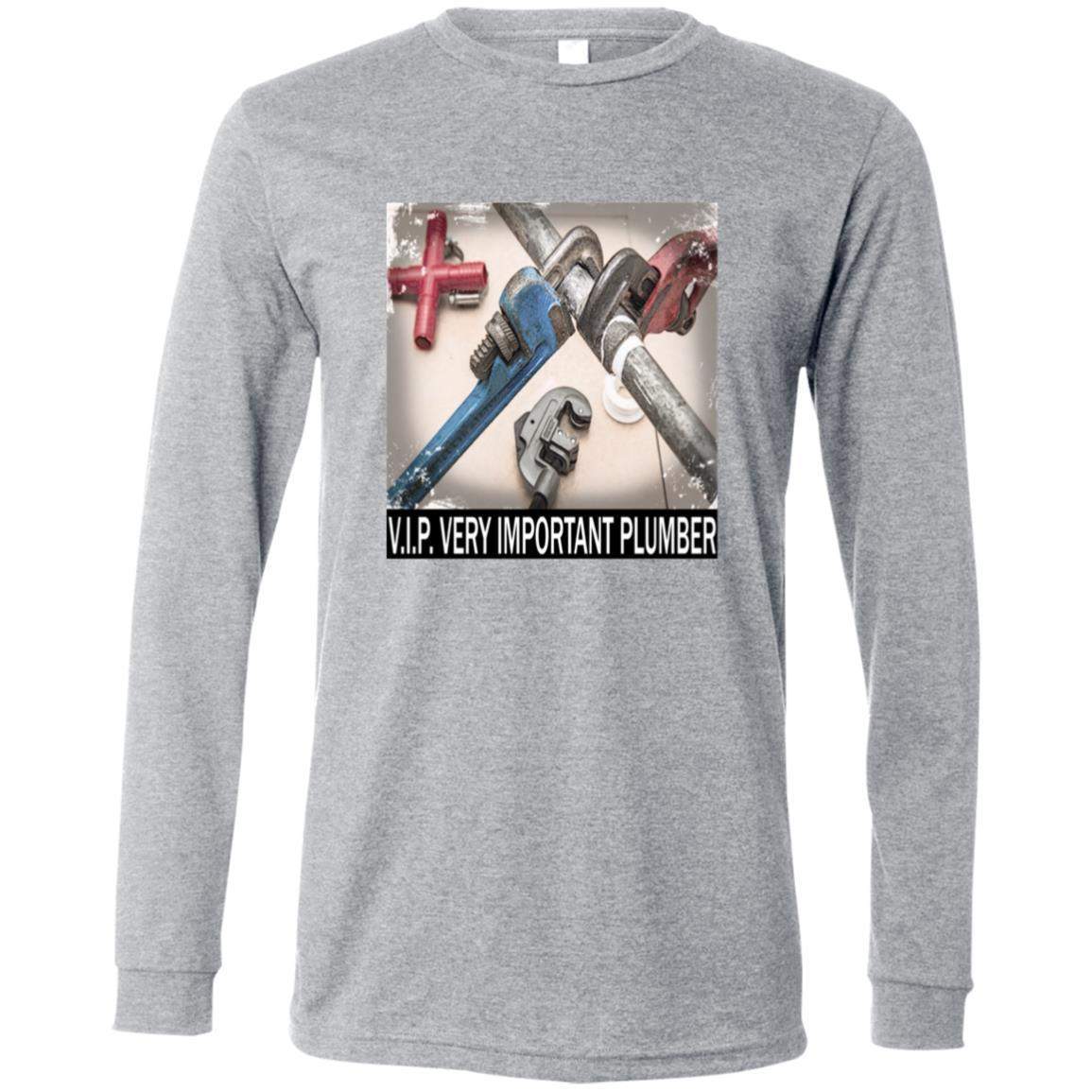 A grey long-sleeve shirt with a design showing plumbing tools (wrenches, pipes) and the text "V.I.P. VERY IMPORTANT PLUMBER." Great gift for plumbers!