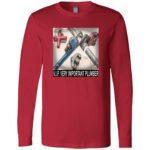 Red long sleeve cotton tee with a graphic of plumbing wrenches and pipes, emblazoned with "V.I.P. VERY IMPORTANT PLUMBER." A funny plumber slogan shirt.