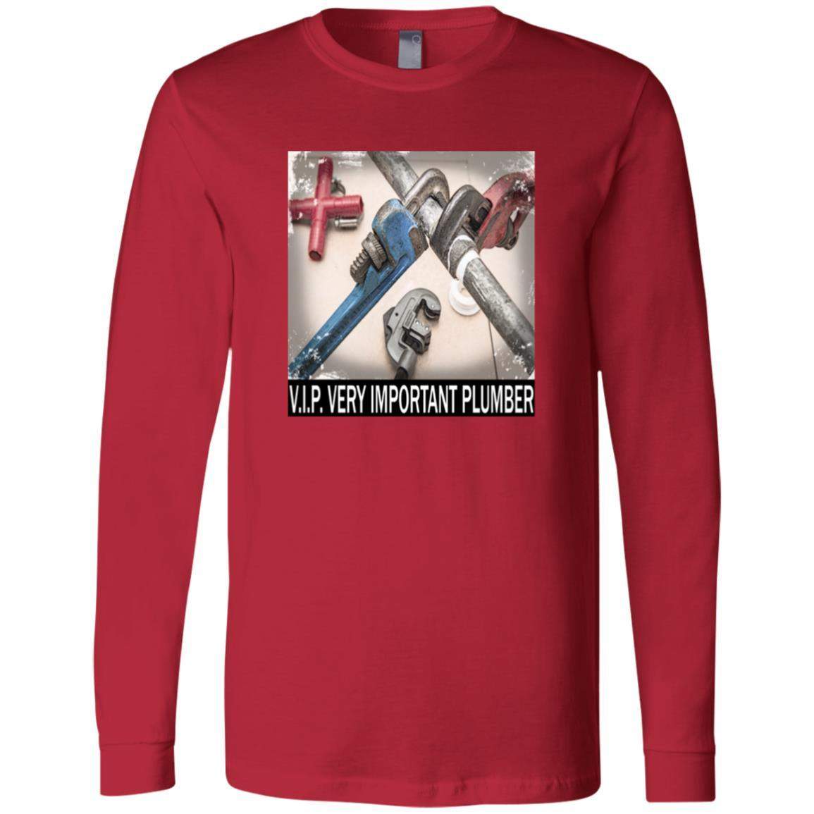 Red long sleeve cotton tee with a graphic of plumbing wrenches and pipes, emblazoned with "V.I.P. VERY IMPORTANT PLUMBER." A funny plumber slogan shirt.