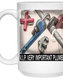 V.I.P. Very Important Plumber Mug: 15oz ceramic coffee cup featuring plumbing tools, a funny gift for plumbers with a plumber pride slogan.