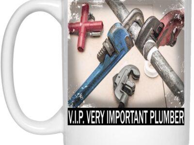 V.I.P. Very Important Plumber Mug: 15oz ceramic coffee cup featuring plumbing tools, a funny gift for plumbers with a plumber pride slogan.