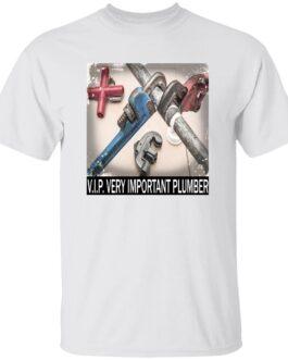 White V.I.P. Very Important Plumber T-Shirt featuring an image of plumbing tools and pipes. A great heavyweight cotton work tee for plumbers.