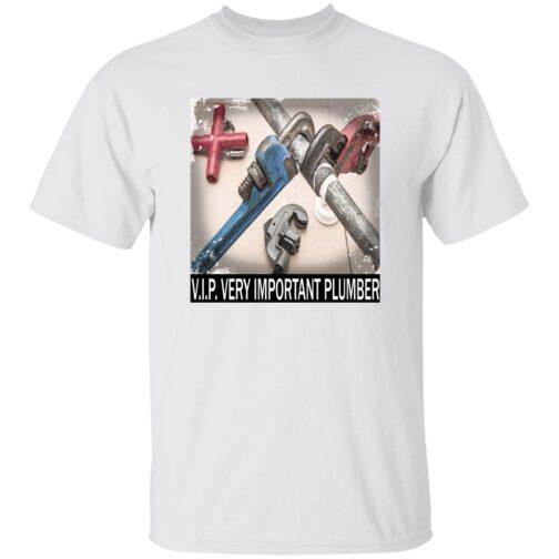 White V.I.P. Very Important Plumber T-Shirt featuring an image of plumbing tools and pipes. A great heavyweight cotton work tee for plumbers.