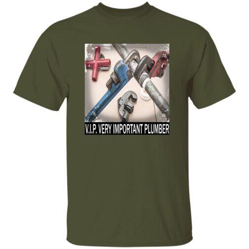 Military green V.I.P. Very Important Plumber T-shirt displaying a graphic of plumbing tools and pipes. The text "V.I.P. VERY IMPORTANT PLUMBER" is printed below the graphic.
