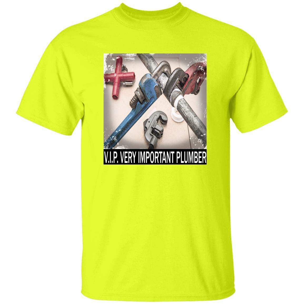 V.I.P. Very Important Plumber T-Shirt in neon yellow. Graphic tee features crossed pipe wrenches, a funny plumber shirt for the skilled trades.